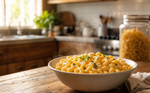 Macaronis au fromage crémeux dans une cuisine domestique lumineuse.