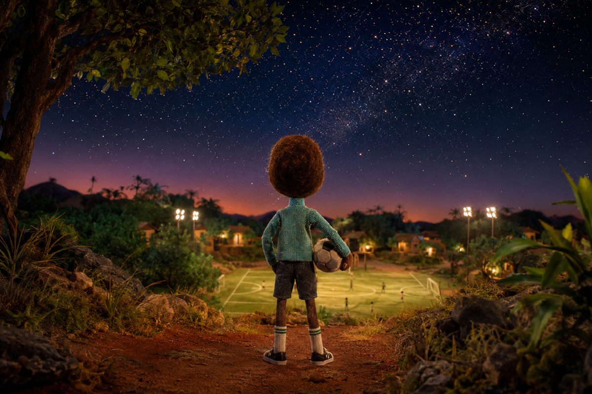 Enfant animé de dos face à un grand terrain de football  