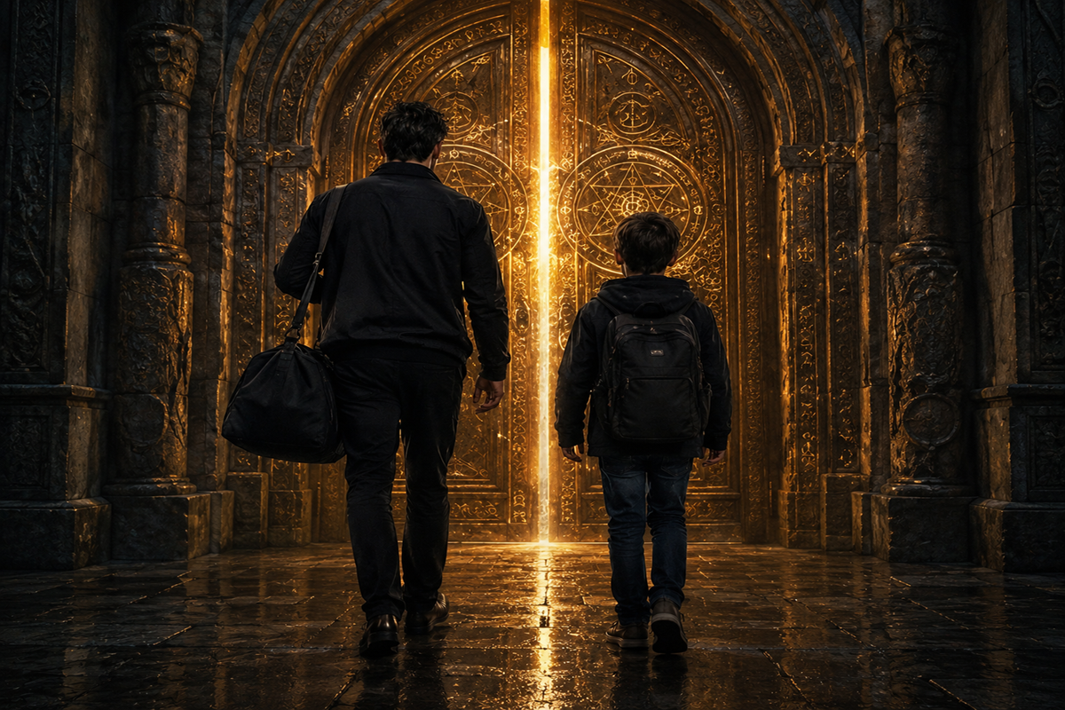 Enfant et adulte devant une porte mystérieuse