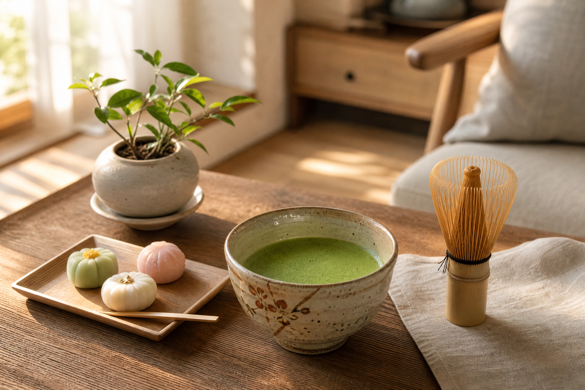 Un bol de thé matcha mousseux sur une table en bois.