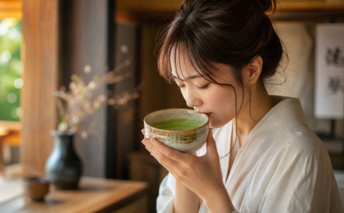 Une femme boit un thé matcha traditionnel dans un bol en céramique.