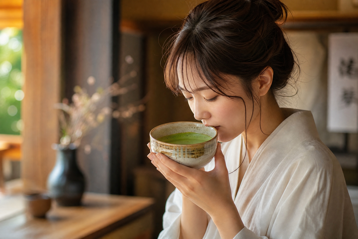 Une femme boit un thé matcha traditionnel dans un bol en céramique. 