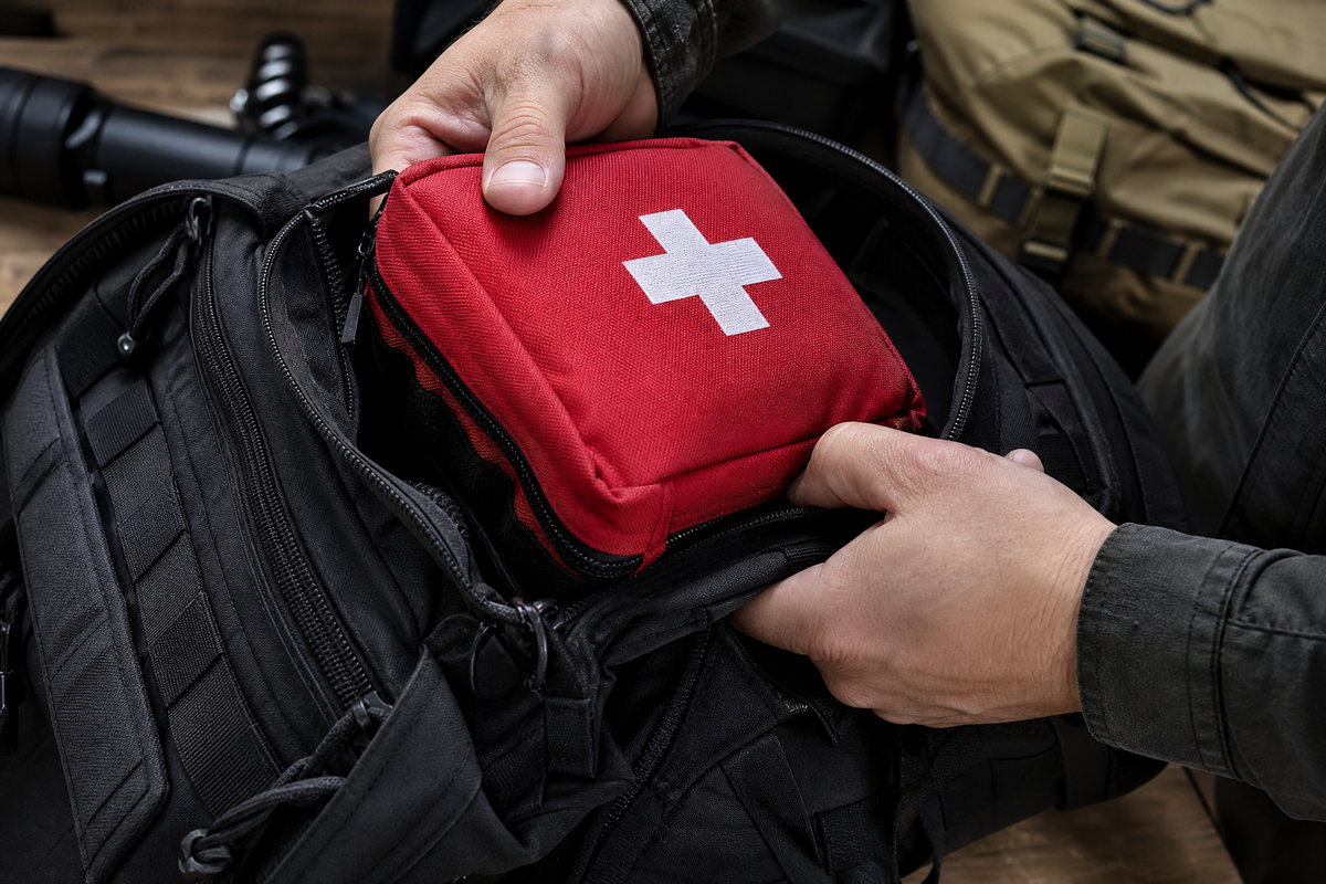 Deux mains placent une trousse de secours rouge avec une croix blanche dans un sac à dos noir.