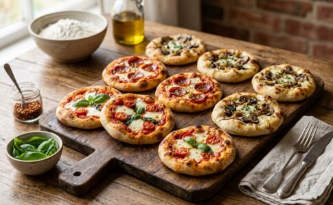 :Recette mini pizza : assortiment de mini pizzas faites maison aux tomates cerises, pepperoni et champignons sur une planche en bois.