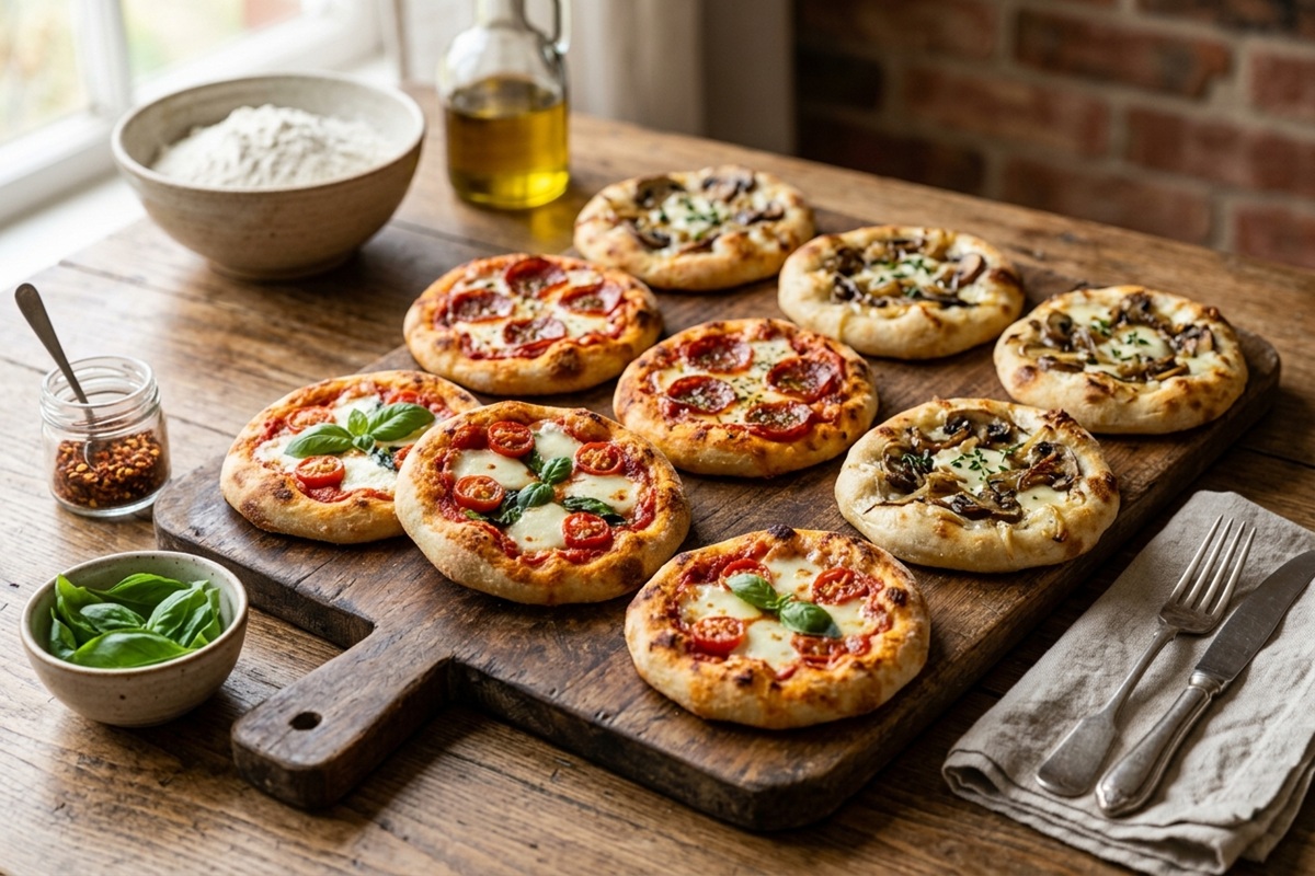:Recette mini pizza : assortiment de mini pizzas faites maison aux tomates cerises, pepperoni et champignons sur une planche en bois.