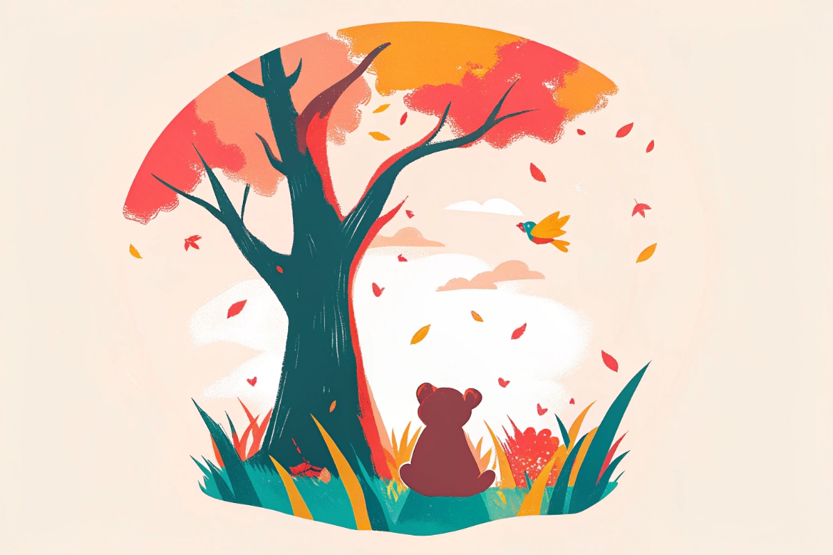 Une ourse et un oiseau sous un arbre