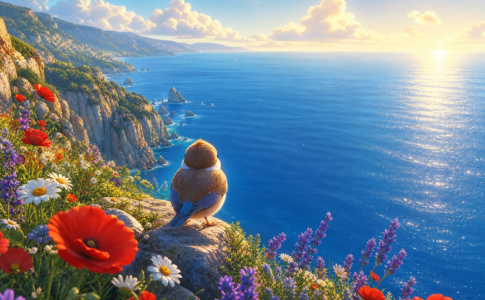Oisillon face à l’océan rappelant Nouveaux Copains à Puffin Rock