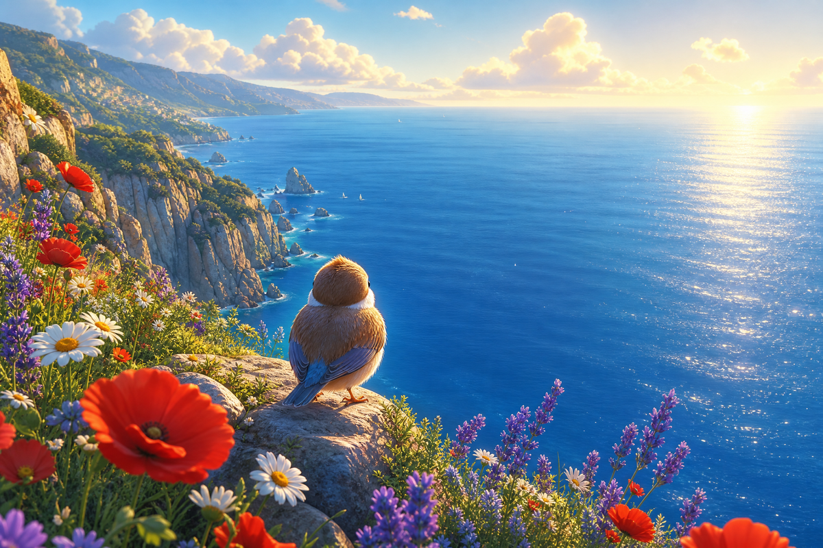Oisillon face à l’océan rappelant Nouveaux Copains à Puffin Rock