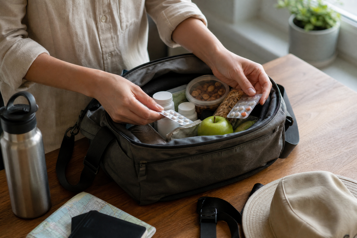 Une personne range des plaquettes de médicaments, une pomme et des rations d'urgence dans un sac de survie.