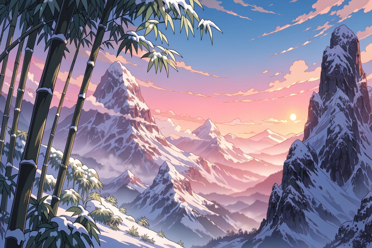 Paysage montagnard inspiré de l'univers du film Kung Fu Panda