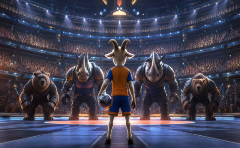 Petit bouc sur un terrain de jeu rappelant Wil dans GOAT