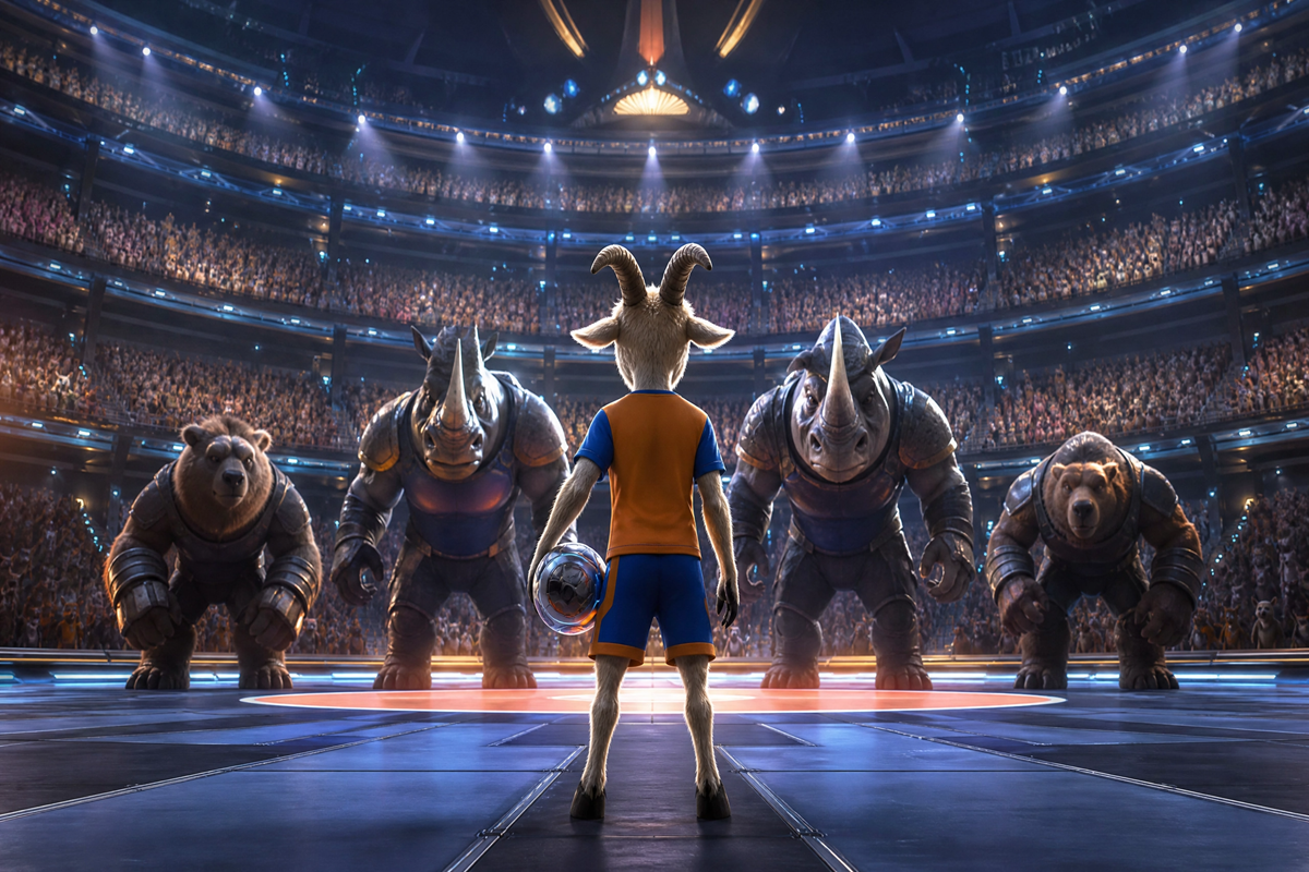 Petit bouc sur un terrain de jeu rappelant Wil dans GOAT