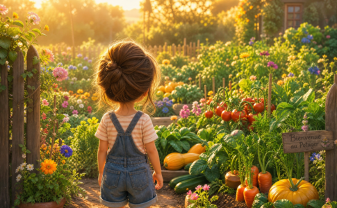 Petite fille contemplant un potager inspiré de l’univers de Les Beaux Jours