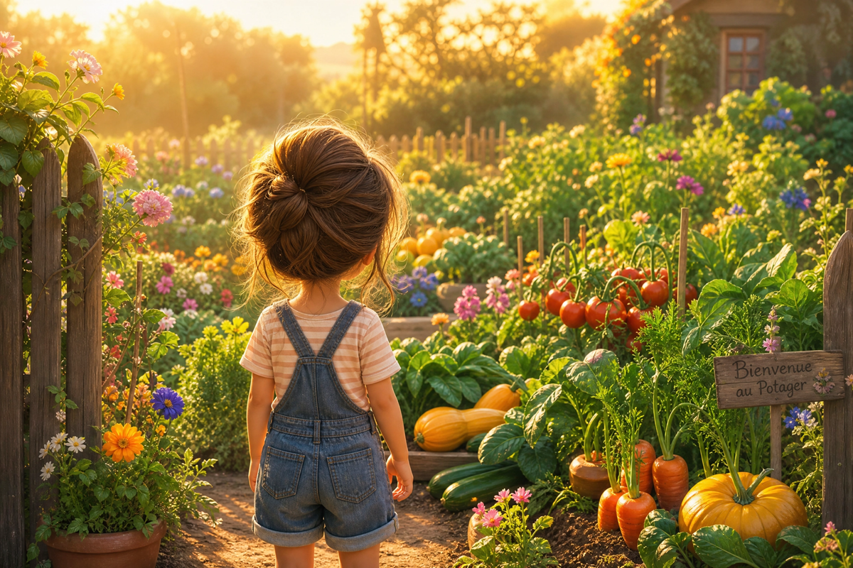 Petite fille contemplant un potager inspiré de l’univers de Les Beaux Jours
