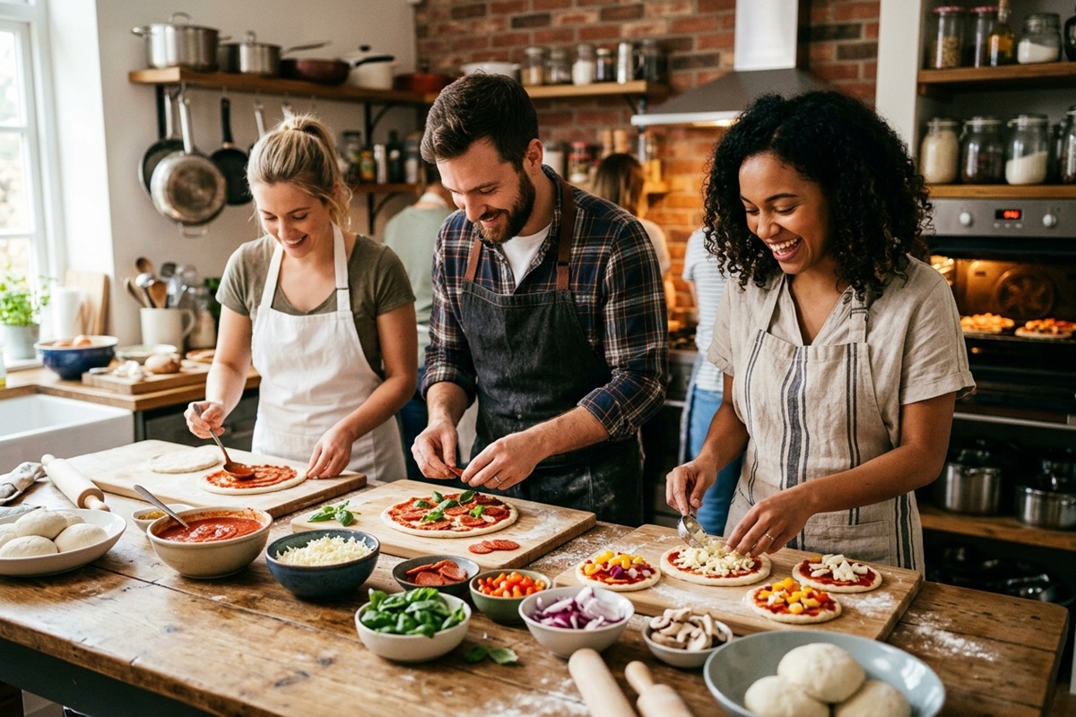  Recette mini pizza : un groupe d'amis souriants prépare des mini pizzas maison dans une cuisine chaleureuse avec divers ingrédients sur la table.