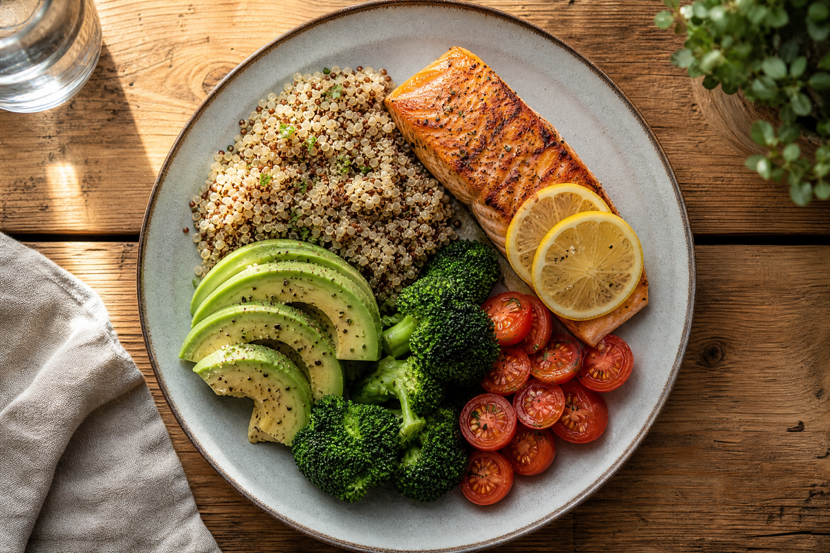 Assiette de saumon grillé avec quinoa, tranches d'avocat, brocoli à la vapeur et tomates cerises sur une table en bois