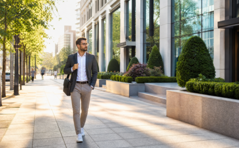 Promenade matinale d'un homme en tenue professionnelle sur un trottoir ensoleillé bordé de bâtiments modernes.