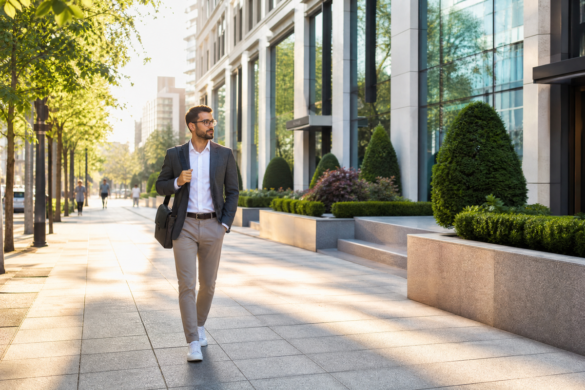 Promenade matinale d'un homme en tenue professionnelle sur un trottoir ensoleillé bordé de bâtiments modernes. 