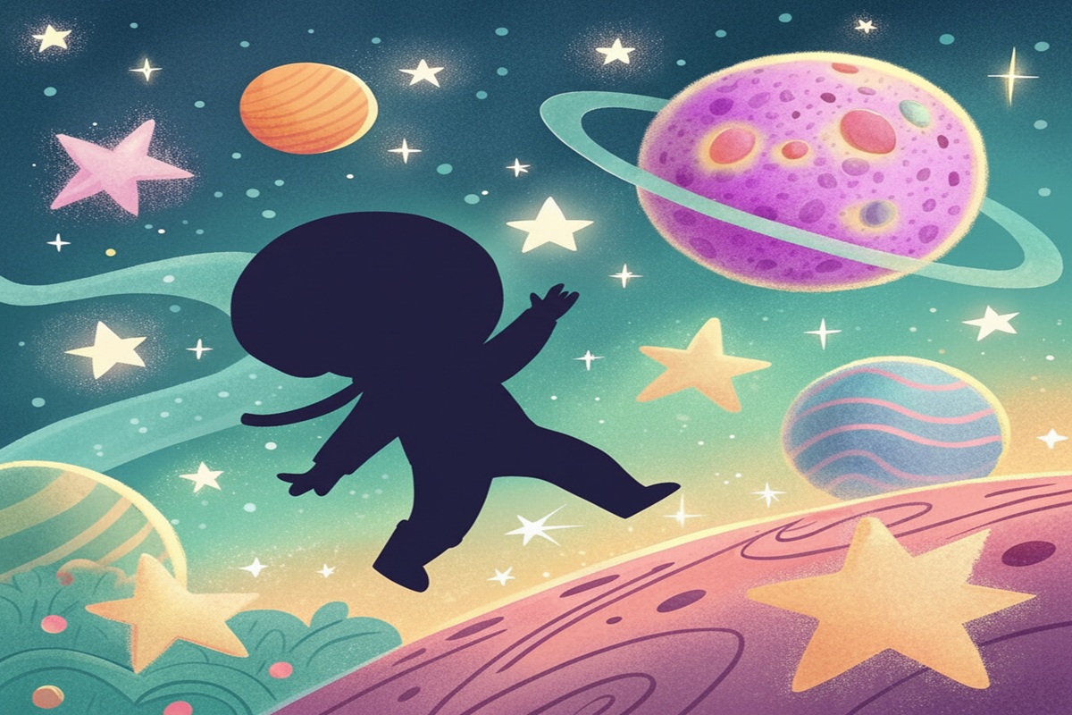 Silhouette d'un petit personnage dans un décor spatial coloré 