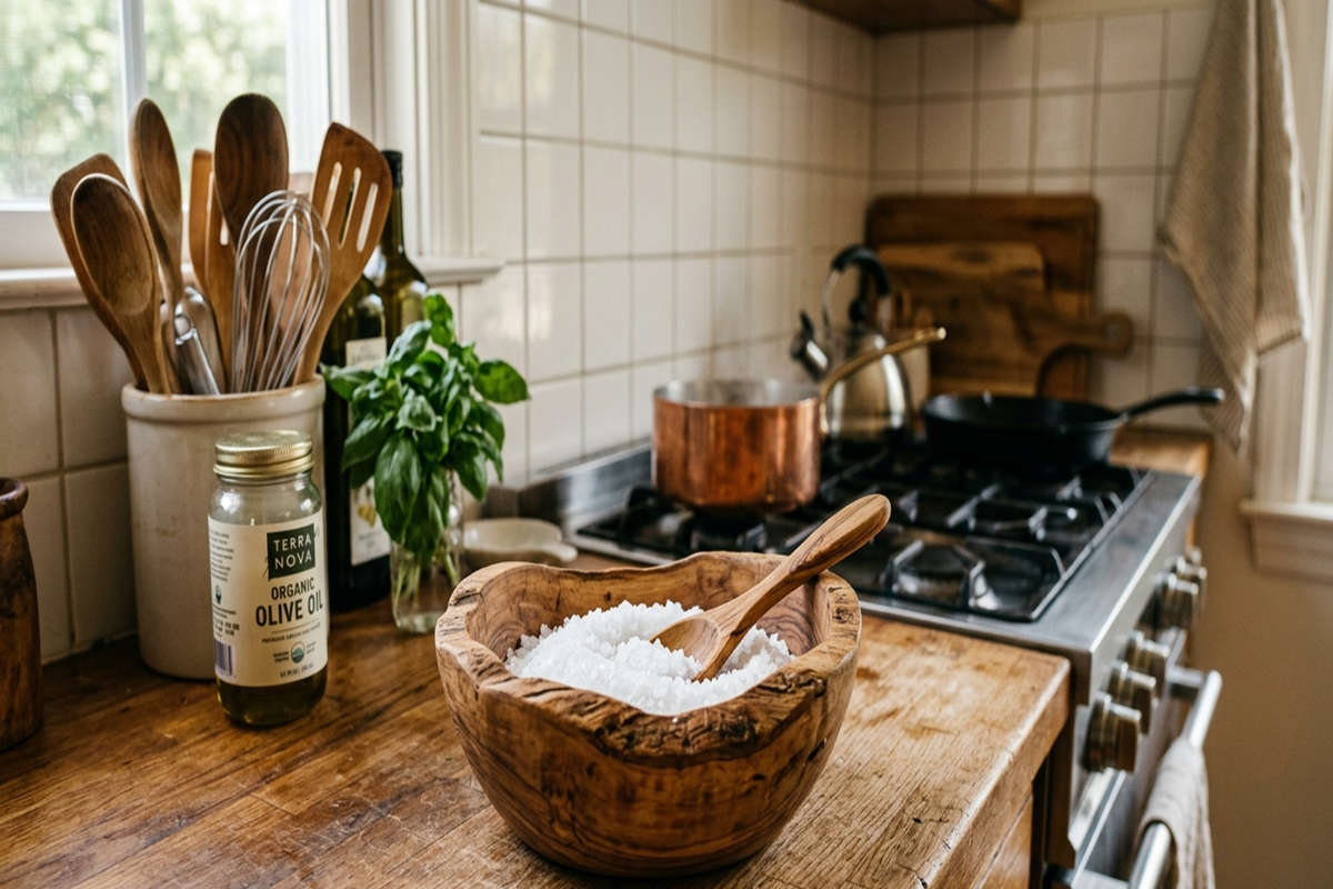 bol sur un plan de travail en bois dans la cuisine.