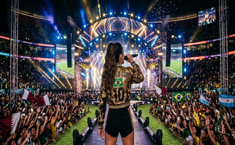 chanteuse sur scène au milieu d'un terrain de football devant une foule immense dans un stade