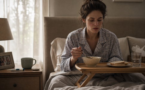 Femme malade mangeant de la soupe au lit.