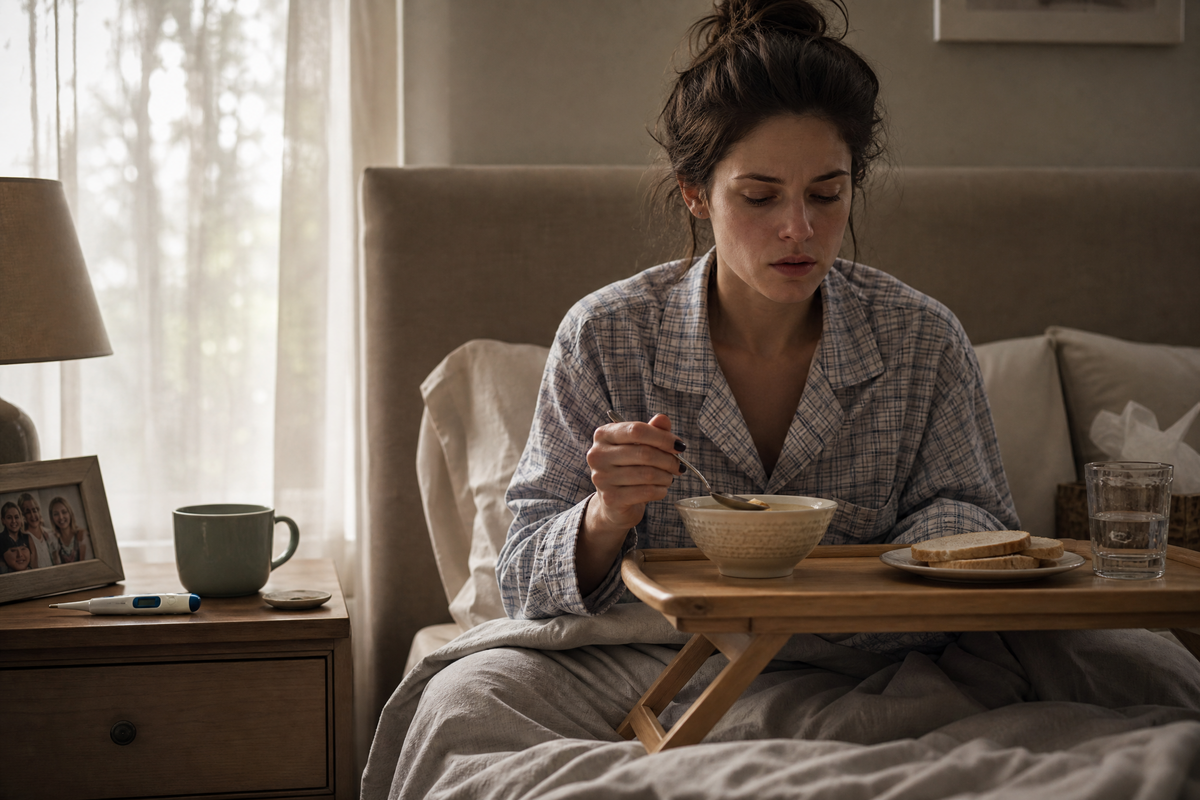 Femme malade mangeant de la soupe au lit.