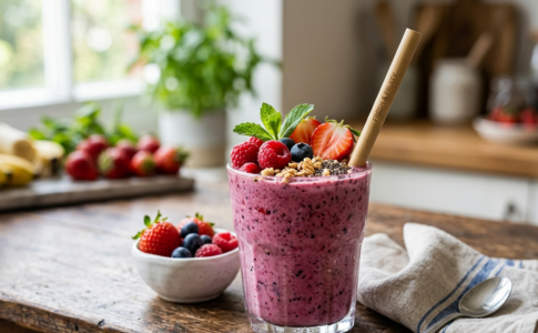 Un smoothie aux baies roses et épaisses dans un verre transparent, garni de fraises, framboises, bleuets, granola et d'une paille en bambou, posé sur une table en bois rustique.