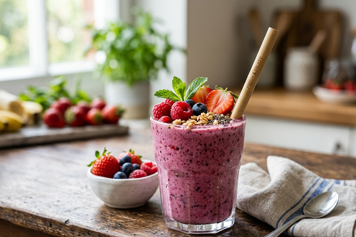 Smoothie aux baies dans un verre, garni de fraises, framboises, myrtilles, granola et paille en bambou sur table en bois 