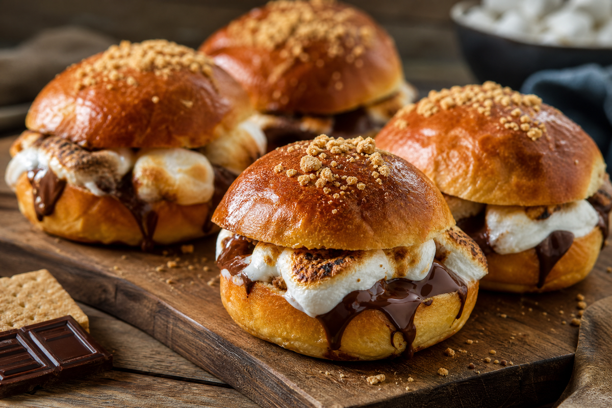 Petits pains briochés aux s'mores avec guimauves grillées et chocolat fondu sur une table en bois.