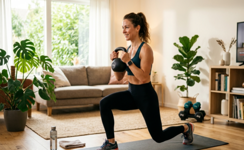 Une femme souriante fait des fentes sur un tapis de fitness dans son salon tout en tenant un kettlebell.