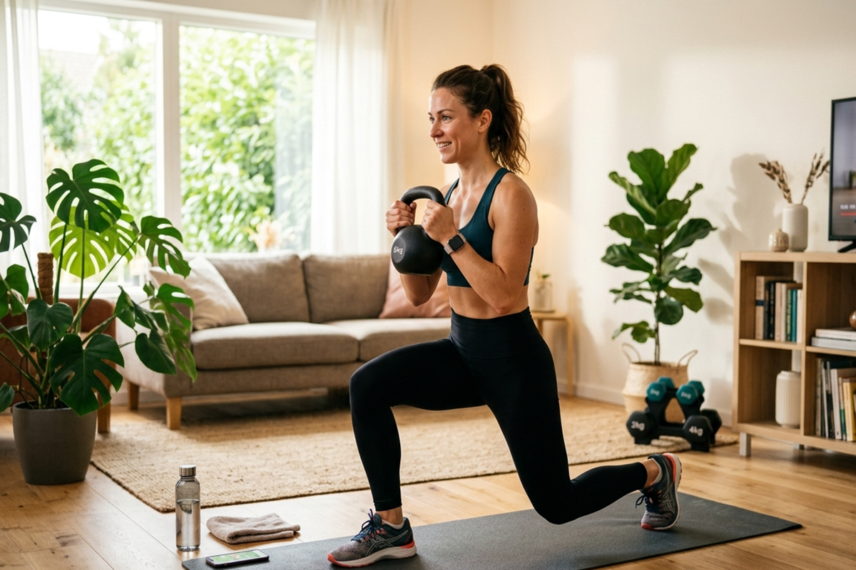 Une femme souriante fait des fentes sur un tapis de fitness dans son salon tout en tenant un kettlebell.