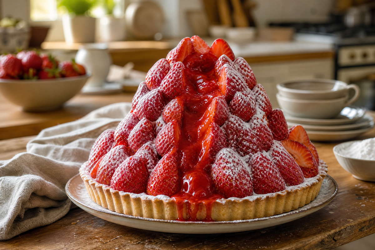 Tarte volcan aux fraises avec coulis rouge et sucre glace dans une cuisine.