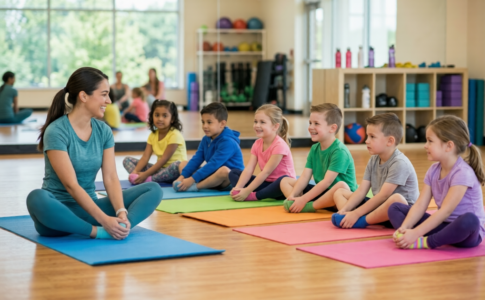 Stretching et séance de yoga pour enfants à l'intérieur d'un studio de sport.