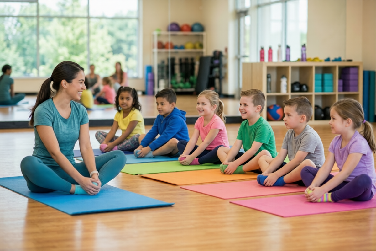 Stretching et séance de yoga pour enfants à l'intérieur d'un studio de sport.
