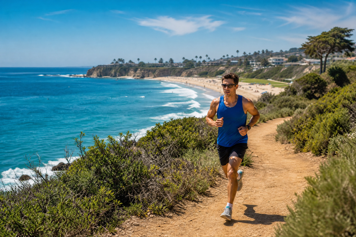 Homme faisant du jogging sur un sentier en bord de mer sous un soleil d'été.