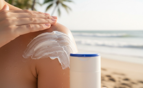 Personne appliquant de la crème solaire sur son épaule à la plage.