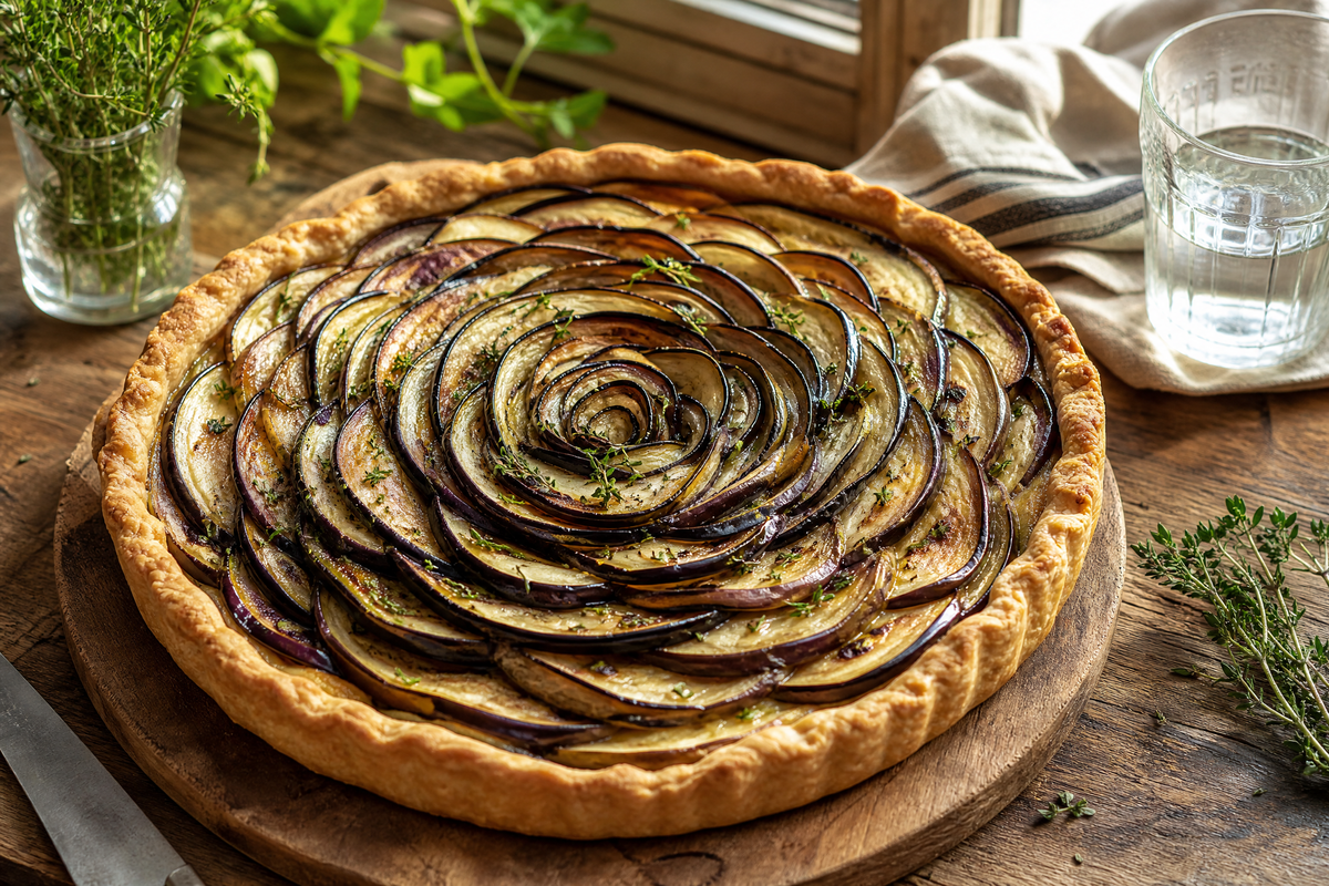 Une tarte salée aux aubergines disposées en forme de rose sur un plateau en bois.
