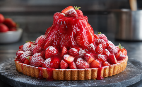 arte aux fraises gourmande avec un coulis effet volcan et un fini givré.