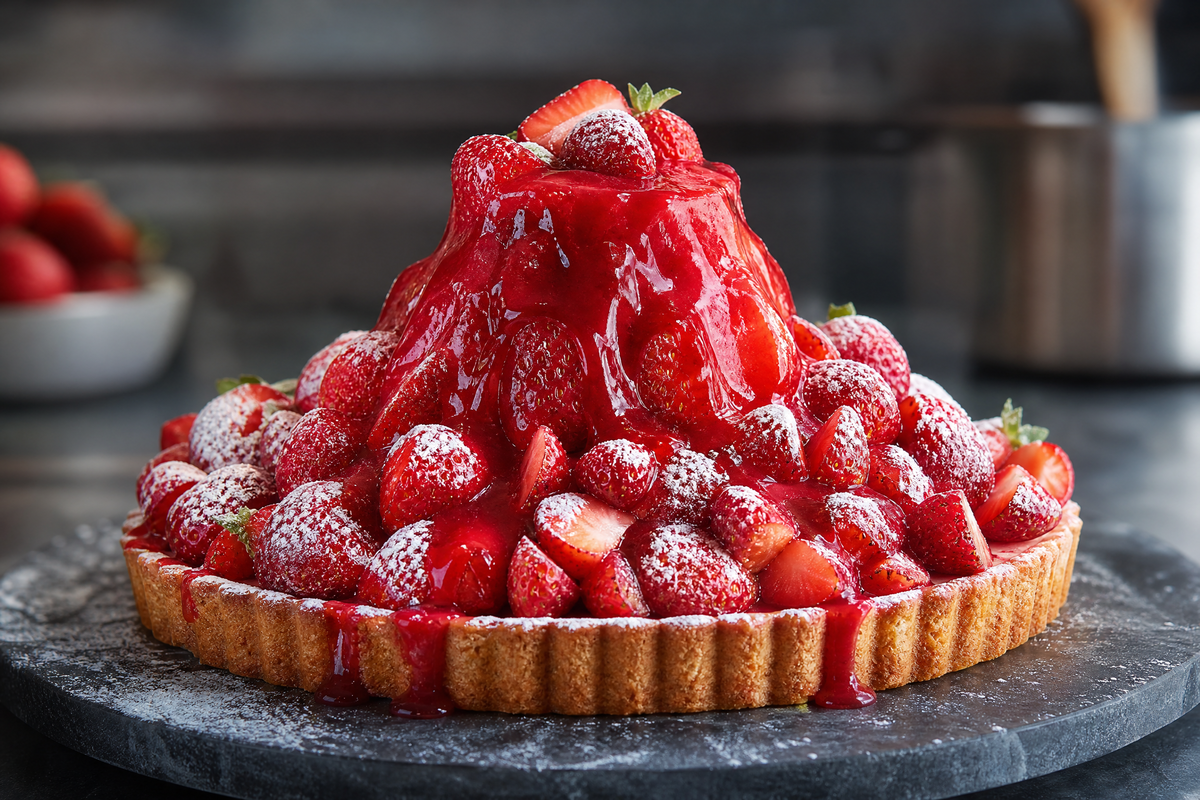 arte aux fraises gourmande avec un coulis effet volcan et un fini givré.