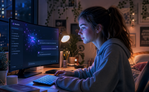 Jeune fille utilisant une interface d'IA futuriste sur son ordinateur dans une chambre chaleureuse.