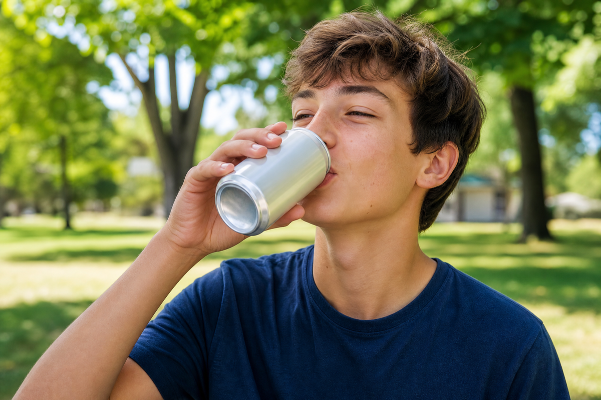 Adolescent buvant une canette de soda en aluminium dans un parc ensoleillé. 