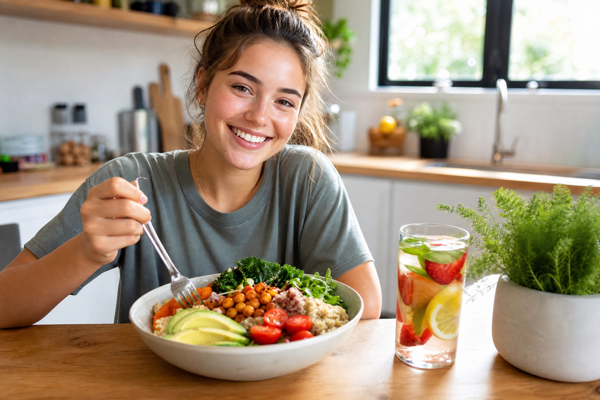 Une jeune femme souriante mange un bol de salade saine avec de l'avocat et des pois chiches dans une cuisine.