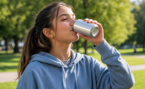 Adolescente de profil buvant une canette de soda en aluminium dans un parc.
