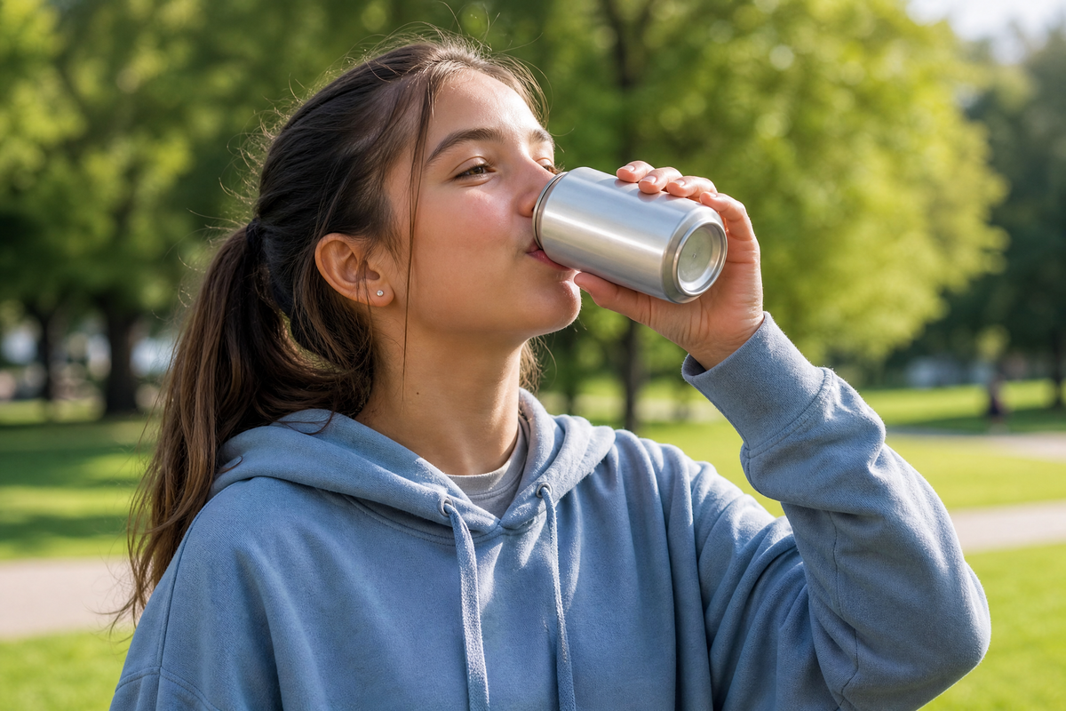 Adolescente de profil buvant une canette de soda en aluminium dans un parc. 