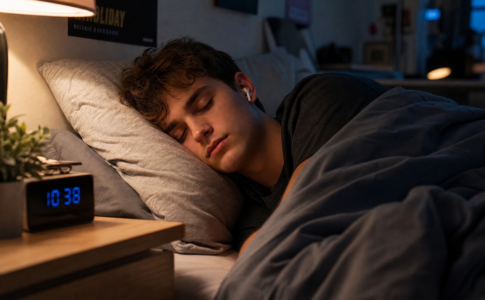 Adolescent endormi paisiblement avec des écouteurs sans fil dans une chambre tamisée.