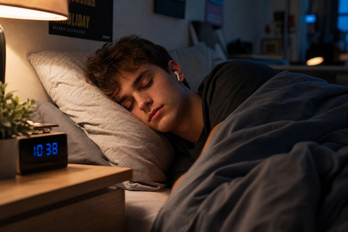 Adolescent endormi paisiblement avec des écouteurs sans fil dans une chambre tamisée.