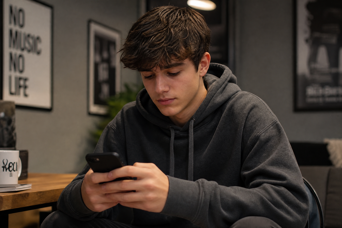 Un adolescent en sweat à capuche noir concentré sur l'écran de son smartphone.