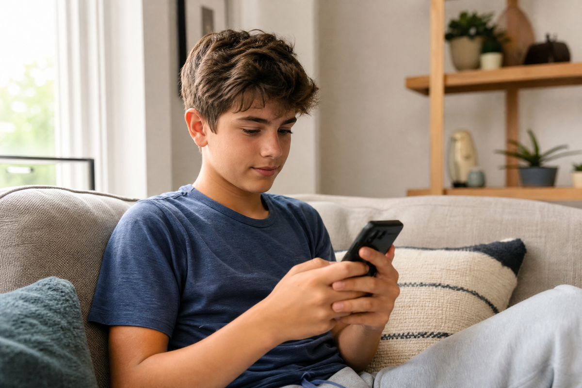 Adolescent assis sur un canapé utilisant son smartphone dans un salon lumineux.