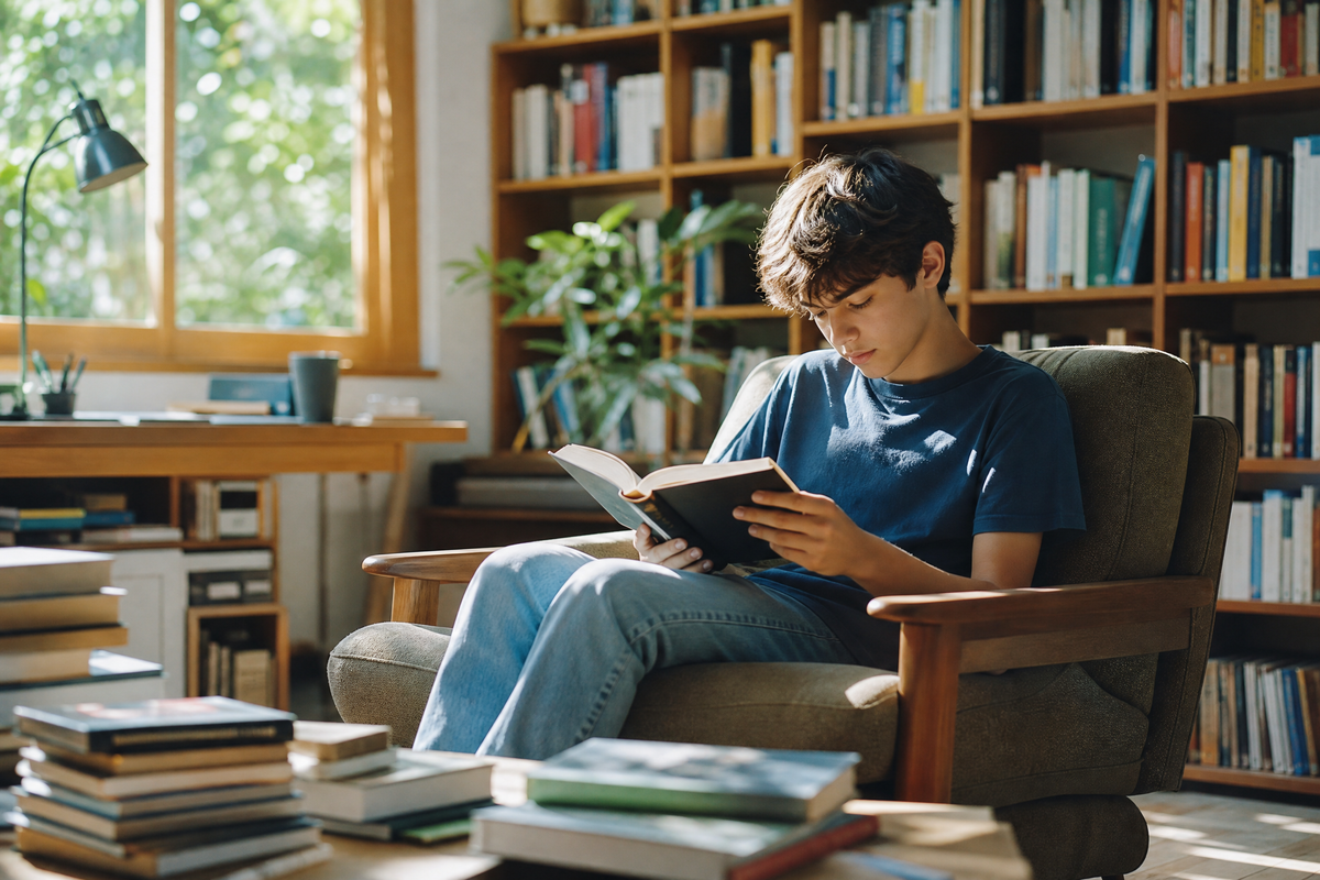 Un adolescent assis dans un fauteuil lisant un livre, entouré d'étagères et de piles de livre